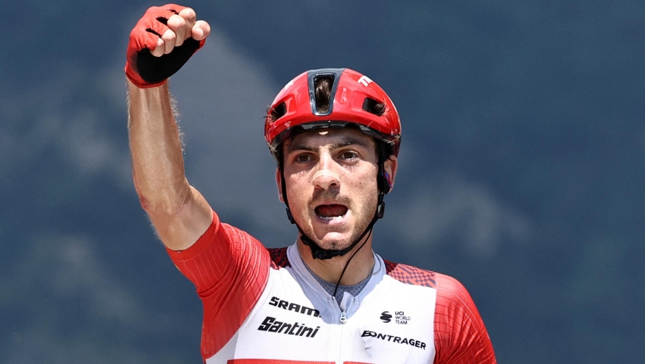 Trek - Segafredo's Italian rider Giulio Ciccone celebrates as he crosses the finish line to win the eighth stage of the 75th edition of the Criterium du Dauphine cycling race, 153km between Le Pont-de-Claix city to La Bastille in Grenoble, France, on June 11, 2023. (Photo by Anne-Christine POUJOULAT / AFP)