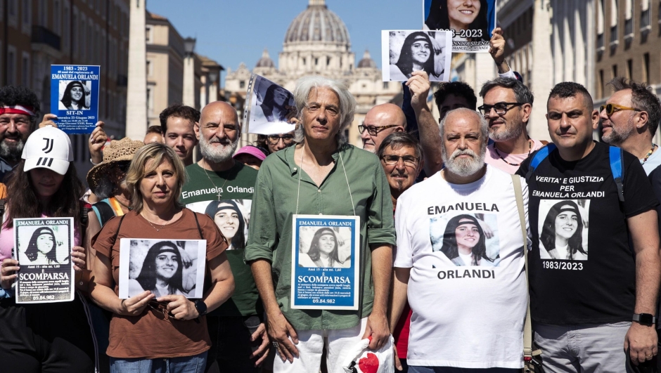 epa10710403 Pietro Orlandi (C), brother of Emanuela Orlandi, a Vatican teenager who disappeared in 1983 aged 15, attends a rally to mark the 40th anniversary of his sisterâ??s disappearance, along Via della Conciliazione leading to the Vatican, in Rome, Italy, 25 June 2023. Orlandi went missing on 22 June 1983 while returning home after music lessons. Her disappearance is one of Italy's most notorious unsolved mysteries.  EPA/ANGELO CARCONI