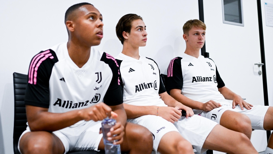 TURIN, ITALY - JULY 10: Marley Ake, Kenan Yildiz, Hans Nicolussi Caviglia of Juventus  at Jmedical on July 10, 2023 in Turin, Italy. (Photo by Daniele Badolato - Juventus FC/Juventus FC via Getty Images)