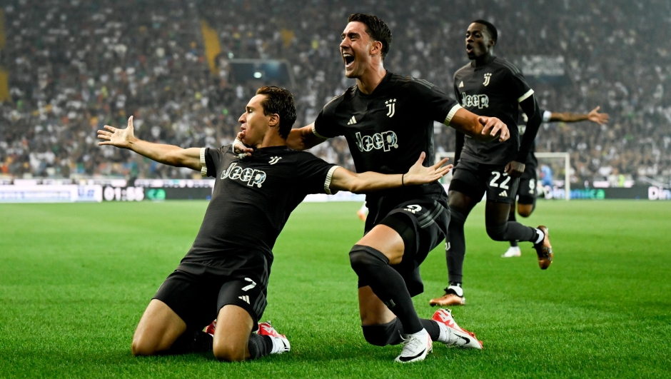 UDINE, ITALY - AUGUST 20: Federico Chiesa of Juventus celebrates 0-1 goal during the Serie A TIM match between Udinese Calcio and Juventus at Dacia Arena on August 20, 2023 in Udine, Italy. (Photo by Daniele Badolato - Juventus FC/Juventus FC via Getty Images)