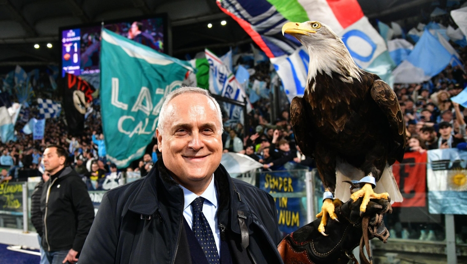 SS Lazio's President Claudio Lotito celebrates after winning the Italian Serie A soccer match between SS Lazio and AS Roma at the Olimpico stadium in Rome, Italy, 19 March 2023.  ANSA/ETTORE FERRARI