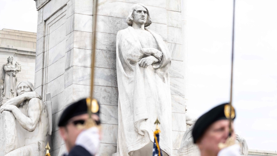Members of the Knights of Columbus stand at guard during the 2023 National Columbus Day Ceremony held by the National Christopher Columbus Association at the Christopher Columbus Memorial Fountain at Union Station in Washington, DC, October 9, 2023. (Photo by SAUL LOEB / AFP)