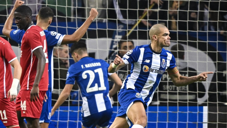 PORTO, PORTUGAL - NOVEMBER 7: Pepe of FC Porto celebrates after scoring the team's second goal during the UEFA Champions League match between FC Porto and Royal Antwerp FC at Estadio do Dragao on November 07, 2023 in Porto, Portugal. (Photo by Octavio Passos/Getty Images)