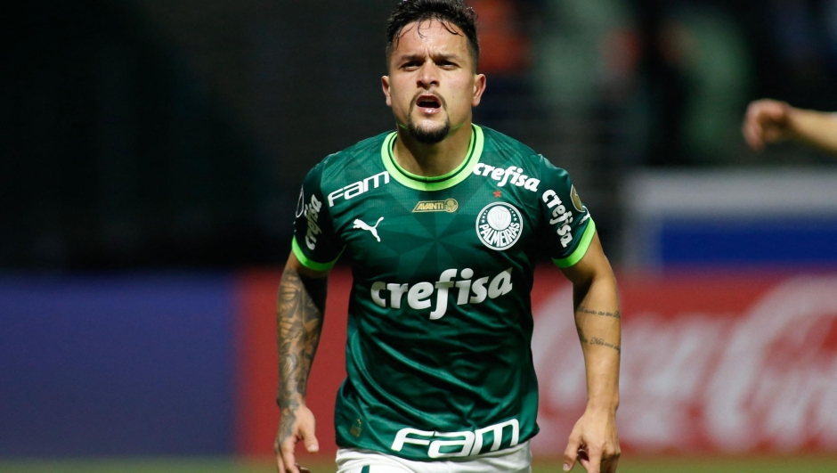 Palmeiras' forward Artur celebrates after scoring during the Copa Libertadores group stage second leg football match between Brazil's Palmeiras and Bolivia's Bolivar at the Allianz Parque stadium in Sao Paulo, Brazil, on June 29, 2023. (Photo by Miguel Schincariol / AFP)