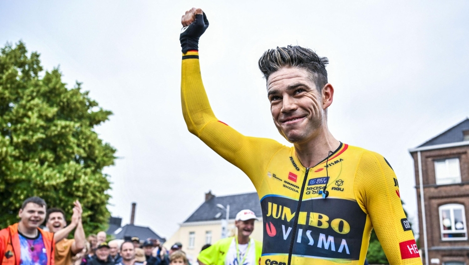 Winner, Team Jumbo-Visma's Belgian Wout van Aert 
celebrates at the end of the Men's 41,6 km individual time trial elite race at the Belgian Championships cycling, around Herzele on June 22, 2023. (Photo by DIRK WAEM / Belga / AFP) / Belgium OUT