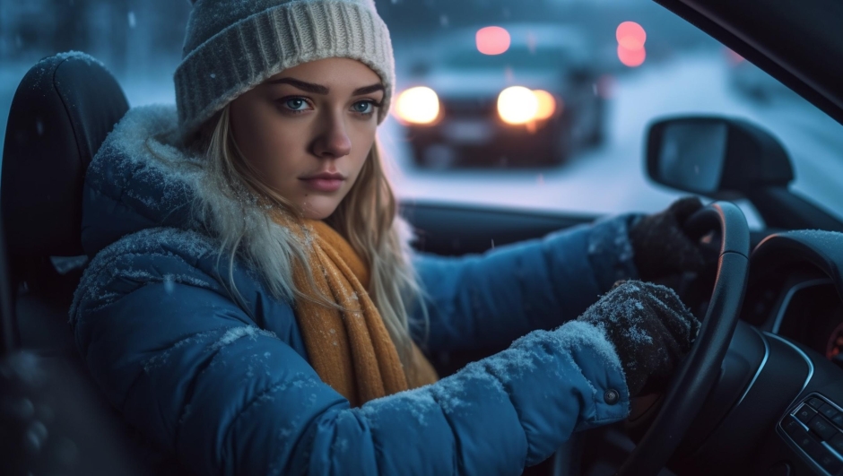 young adult woman at the wheel drives a car in winter weather, anxious female driver because of slippery road. Generative AI