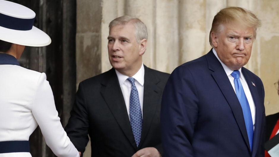 FILE - President Donald Trump, right, and first lady Melania Trump, left, accompanied by Britain's Prince Andrew, leave after a tour of Westminster Abbey in London, June 3, 2019. Social media is abuzz with news that a judge is about to release a list of "clients," or "associates" or maybe "co-conspirators," of Jeffrey Epstein, the jet-setting financier who killed himself in 2019 while awaiting trial on sex trafficking charges. While some previously sealed court records are indeed being made public, the great majority of the people whose names appear in those documents are not accused of any wrongdoing. (AP Photo/Matt Dunham, File)