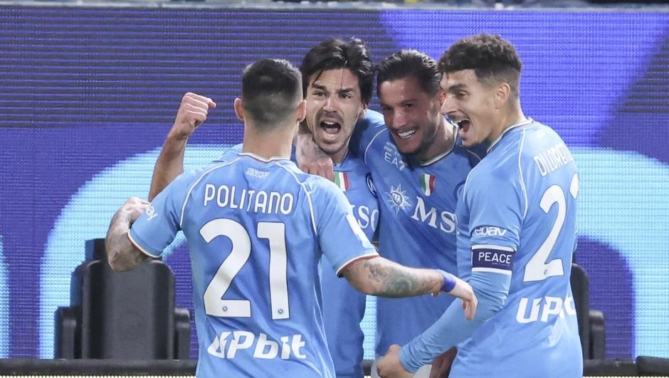 Napoli players celebrate after scoring during the Italian Super Cup Semi-final soccer match between Fiorentina and Napoli at Al Awwal Park Stadium in Riyadh, Saudi Arabia, Thursday, Jan. 18, 2024. (AP Photo)