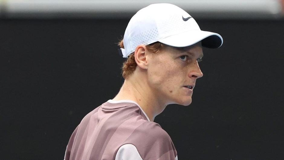 MELBOURNE, AUSTRALIA - JANUARY 19: Jannik Sinner of Italy celebrates a point in their round three singles match against Sebastian Baez of Argentina during the 2024 Australian Open at Melbourne Park on January 19, 2024 in Melbourne, Australia. (Photo by Darrian Traynor/Getty Images)