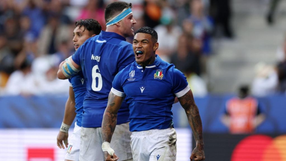 NICE, FRANCE - SEPTEMBER 20: Montanna Ioane of Italy celebrates scoring his team's third try during the Rugby World Cup France 2023 match between Italy and Uruguay at Stade de Nice on September 20, 2023 in Nice, France. (Photo by Cameron Spencer/Getty Images)