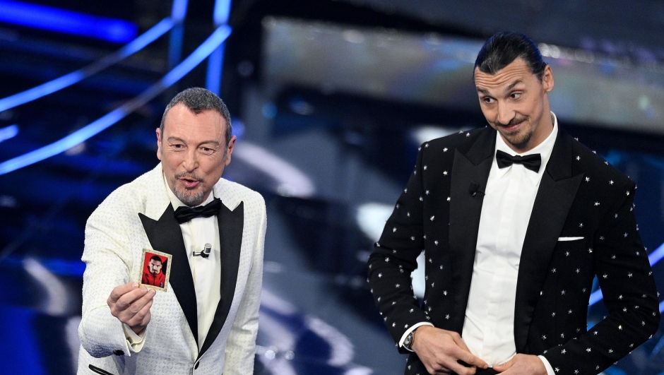 Amadeus and Zlatan Ibrahimovic during the 74th edition of the SANREMO Italian Song Festival at the Ariston Theatre in Sanremo, northern Italy - Tuesday, FEBRUARY 6, 2024. Entertainment. (Photo by Marco Alpozzi/LaPresse)  