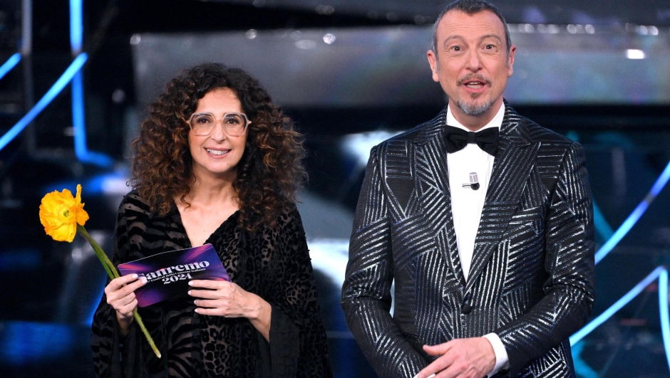 Sanremo Festival host and artistic director Amadeus (R) with Sanremo Festival co-host and Italian actress Teresa Mannino on stage at the Ariston theatre during the 74th Sanremo Italian Song Festival, in Sanremo, Italy, 08 February 2024. The music festival will run from 06 to 10 February 2024.  ANSA/ETTORE FERRARI