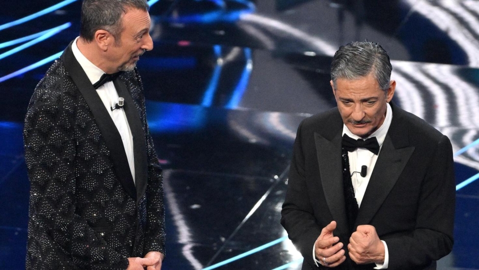 Sanremo Festival host and artistic director Amadeus (L) and Sanremo Festival co-host and Italian showman Rosario Fiorello on stage at the Ariston theatre during the 74rd Sanremo Italian Song Festival, Sanremo, Italy, 10 February 2024. The music festival will run from 06 to 10 February 2024.  ANSA/ETTORE FERRARI