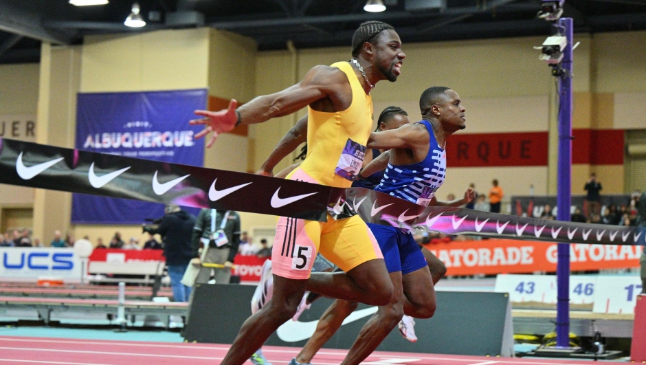 ALBUQUERQUE, NEW MEXICO - FEBRUARY 17: Noah Lyles (L) defeats Christian Coleman by .01 seconds to win the Men's 60m Dash Final during the 2024 USATF Indoor Championships at the Albuquerque Convention Center on February 17, 2024 in Albuquerque, New Mexico.   Sam Wasson/Getty Images/AFP (Photo by Sam Wasson / GETTY IMAGES NORTH AMERICA / Getty Images via AFP)
