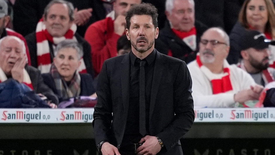 BILBAO, SPAIN - FEBRUARY 29: Diego Pablo Simeone Head Coach of Atletico de Madrid looks on during the Copa del Rey Semifinal match between Athletic Club Bilbao and Atletico de Madrid at San Mames Stadium on February 29, 2024 in Bilbao, Spain. (Photo by Juan Manuel Serrano Arce/Getty Images)
