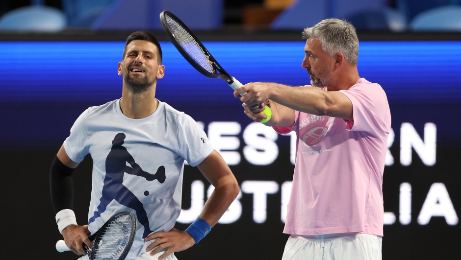 PERTH, AUSTRALIA - DECEMBER 28: Novak Djokovic of Team Serbia talks with Goran Ivanisevic during a practice session ahead of the 2024 United Cup at RAC Arena on December 28, 2023 in Perth, Australia. (Photo by Paul Kane/Getty Images)