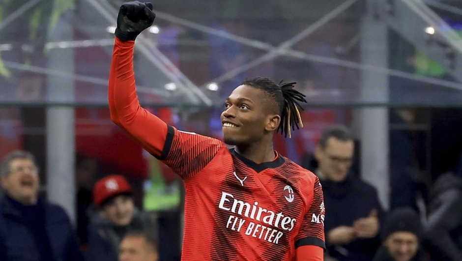 MILAN, ITALY - JANUARY 10: Rafael Leao of AC Milan celebrates after scoring the opening goal during the Coppa Italia match between AC Milan and Atalanta BC on January 10, 2024 in Milan, Italy. (Photo by Giuseppe Cottini/AC Milan via Getty Images)
