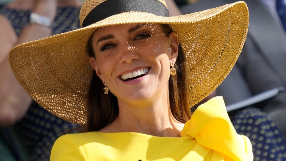 Britain's Kate, Duchess of Cambridge watches Mate Pavic and Nikola Mektic of Croatia play Matthew Ebden and Max Purcell of Australia in the final of the men's doubles on day thirteen of the Wimbledon tennis championships in London, Saturday, July 9, 2022. (AP Photo/Kirsty Wigglesworth, File)