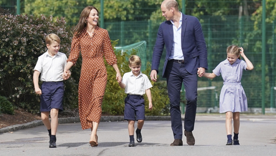 FILE - From left, Britain's Prince George, Kate Duchess of Cambridge, Prince Louis, Prince William and Princess Charlotte, arrive for a settling in afternoon at Lambrook School, near Ascot, England, Wednesday, Sept. 7, 2022. (Jonathan Brady/Pool Photo via AP, File)