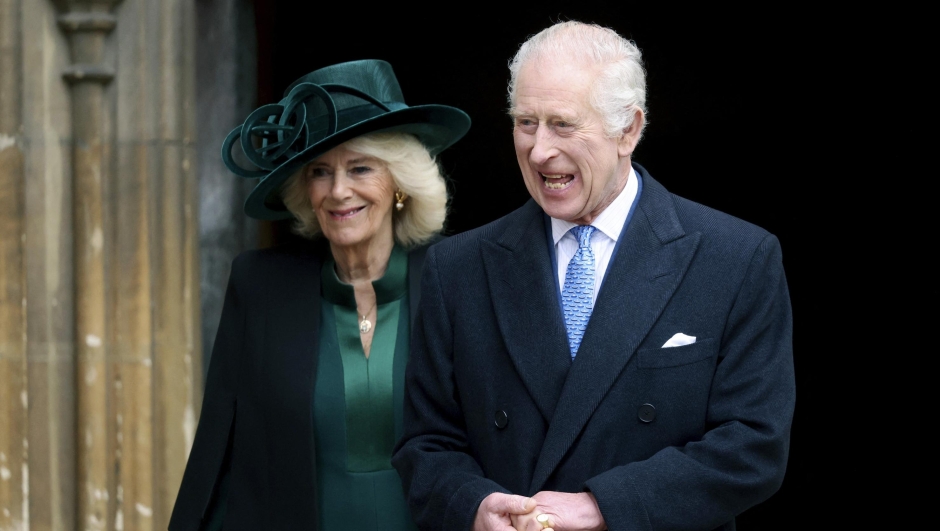 FILE - Britain's King Charles III and Queen Camilla leave after attending the Easter Matins Service at St. George's Chapel, Windsor Castle, England, March 31, 2024. Buckingham Palace says King Charles III will resume his public duties next week following treatment for cancer. The announcement on Friday April 26, 2024, comes almost three months after Charles took a break from public appearances to focus on his treatment for an undisclosed type of cancer. (Hollie Adams/Pool Photo via AP, File)