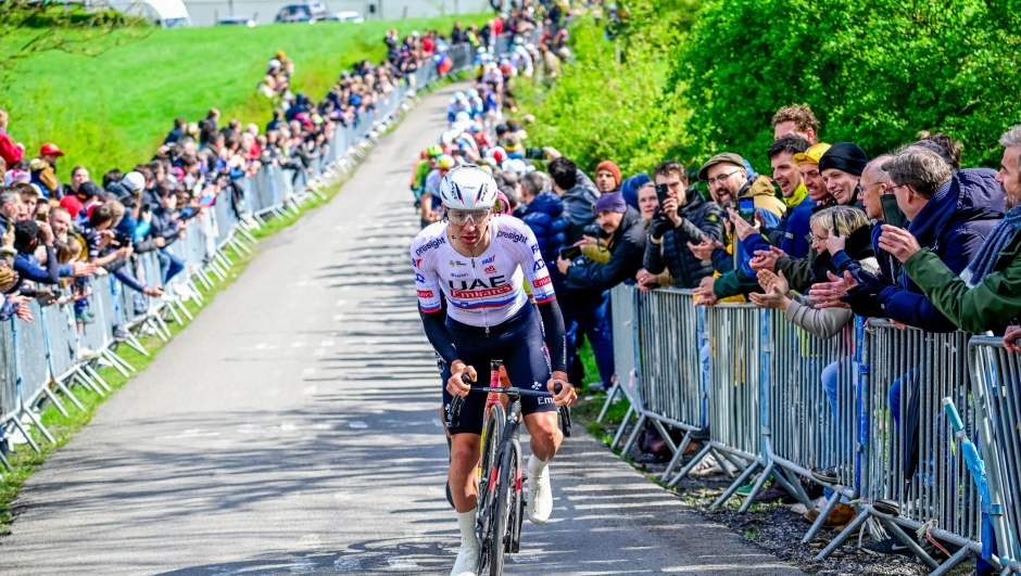 Slovenian Tadej Pogacar of UAE Team Emirates pictured in action during the men elite race of the Liege-Bastogne-Liege one day cycling event, 254,5 km km from Liege, over Bastogne to Liege, Sunday 21 April 2024. BELGA PHOTO POOL PETER DE VOECHT (Photo by POOL PETER DE VOECHT / BELGA MAG / Belga via AFP)