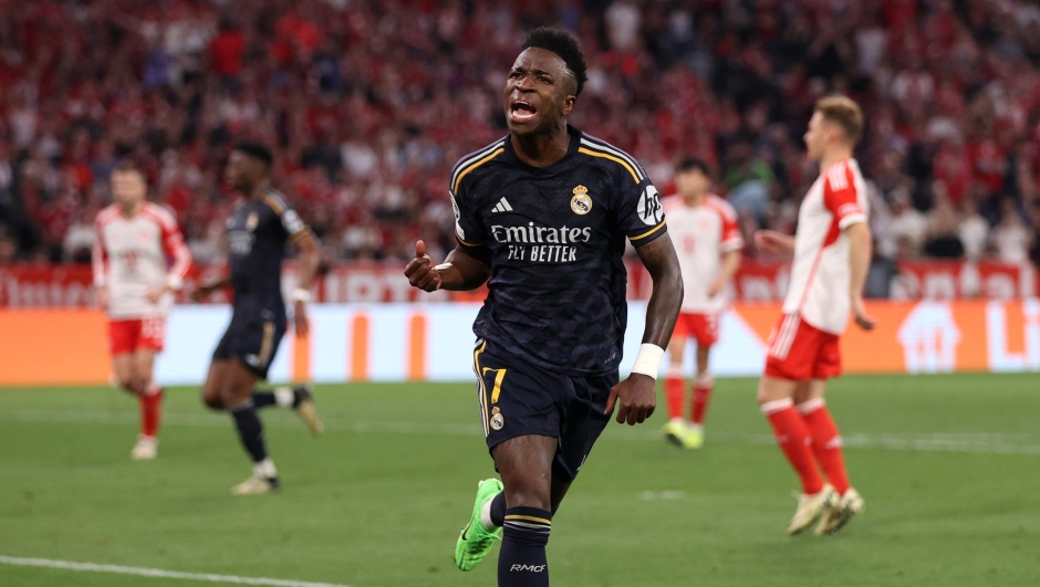 MUNICH, GERMANY - APRIL 30: Vinicius Junior of Real Madrid celebrates scoring his team's second goal during the UEFA Champions League semi-final first leg match between FC Bayern München and Real Madrid at Allianz Arena on April 30, 2024 in Munich, Germany. (Photo by Alex Pantling/Getty Images)