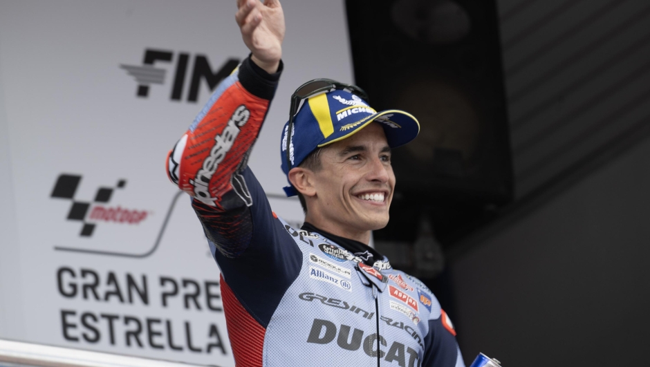 JEREZ DE LA FRONTERA, SPAIN - APRIL 28: Marc Marquez of Spain and Gresini Racing MotoGP celebrates the second place on the podium at the end of the  MotoGP race during the MotoGP Of Spain - Race  on April 28, 2024 in Jerez de la Frontera, Spain. (Photo by Mirco Lazzari gp/Getty Images)