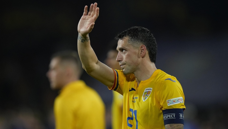 Romania's Nicolae Stanciu reacts at the end of a Group E match between Belgium and Romania at the Euro 2024 soccer tournament in Cologne, Germany, Saturday, June 22, 2024. Belgium won 2-0. (AP Photo/Alessandra Tarantino)
