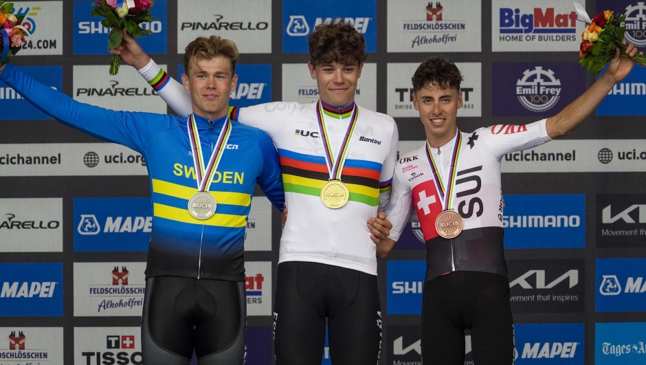 2024 UCI Road World Championships Zurich - Men U23 Individual Time Trial - Gossau - Zurich 29,90 km - 23/09/2024 - Jakob Soderqvist (Sweden) - Ivan Romeo (Spain) - Jan Christen (Switzerland) - photo Luca Bettini/SprintCyclingAgency©2024