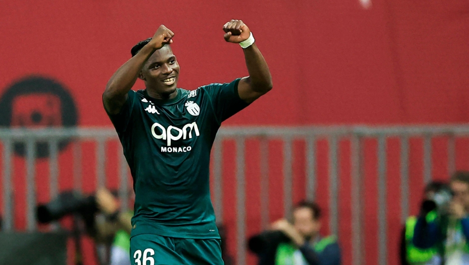 Monaco's Swiss forward #36 Breel Embolo celebrates after scoring a goal during the French L1 football match between OGC Nice and AS Monaco at the Allianz Riviera Stadium in Nice, south-eastern France, on October 27, 2024. (Photo by Valery HACHE / AFP)