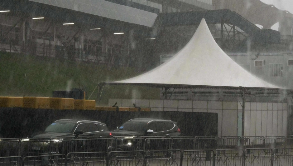 Heavy rain falls a little while before the start of the qualifying session for the upcoming Formula One Sao Paulo Grand Prix, at the Jose Carlos Pace racetrack, aka Interlagos, in Sao Paulo, Brazil, on November 2, 2024. (Photo by NELSON ALMEIDA / AFP)