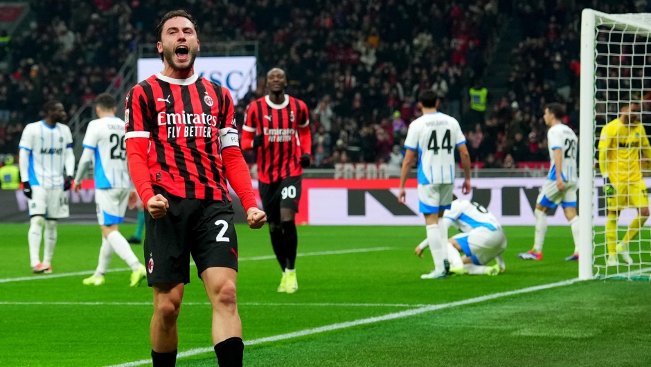 AC Milan’s Davide Calabria celebrates after scoring 5-0 during  the Italy Cup Frecciarossa soccer match between Milan and Sassuolo at San Siro  Stadium in Milan  , North Italy - Tuesday  , December 03  , 2024. Sport - Soccer . (Photo by Spada/LaPresse)