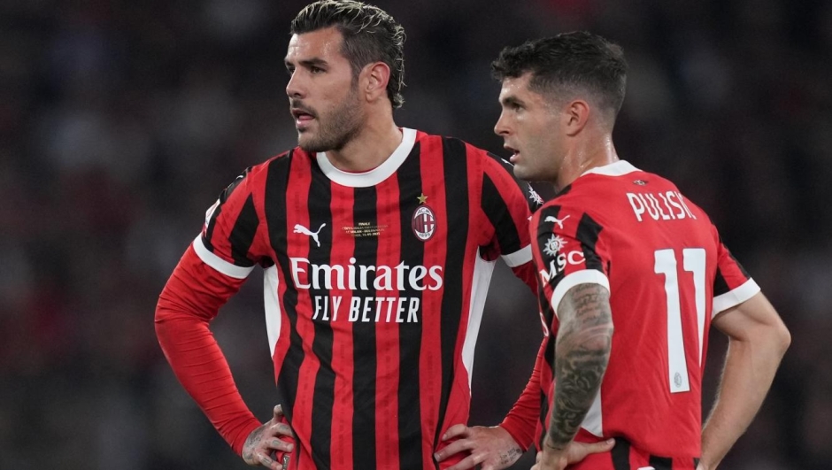 AC Milan’s Theo Hernandez AC Milan's Christian Pulisic during the Italian Cup final soccer match between Milan and Bologna at Rome's Olympic Stadium, Italy. Wednesday, May 14, 2025. Sport Soccer (photo by Alfredo Falcone/LaPresse)
