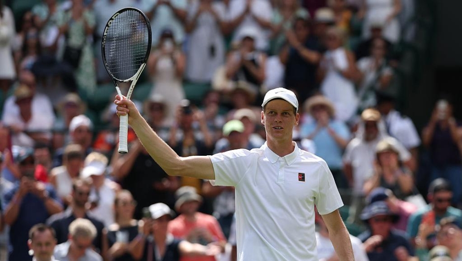 Jannik Sinner of Italy celebrates his victory against Luca Nardi of Italy during the Gentlemen's Singles first round match on day two of The Championships Wimbledon 2025 at All England Lawn Tennis and Croquet Club on July 01, 2025 in London, England. (Photo by Clive Brunskill/Getty Images)