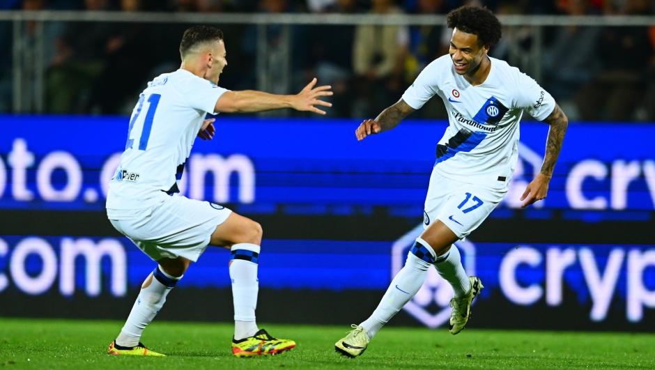 Tajon Buchanan of FC Internazionale celebrates after scoring the goal during the Serie A TIM match between Frosinone Calcio and FC Internazionale at Stadio Benito Stirpe on May 10, 2024 in Frosinone, Italy. (Photo by Mattia Pistoia - Inter/Inter via Getty Images)