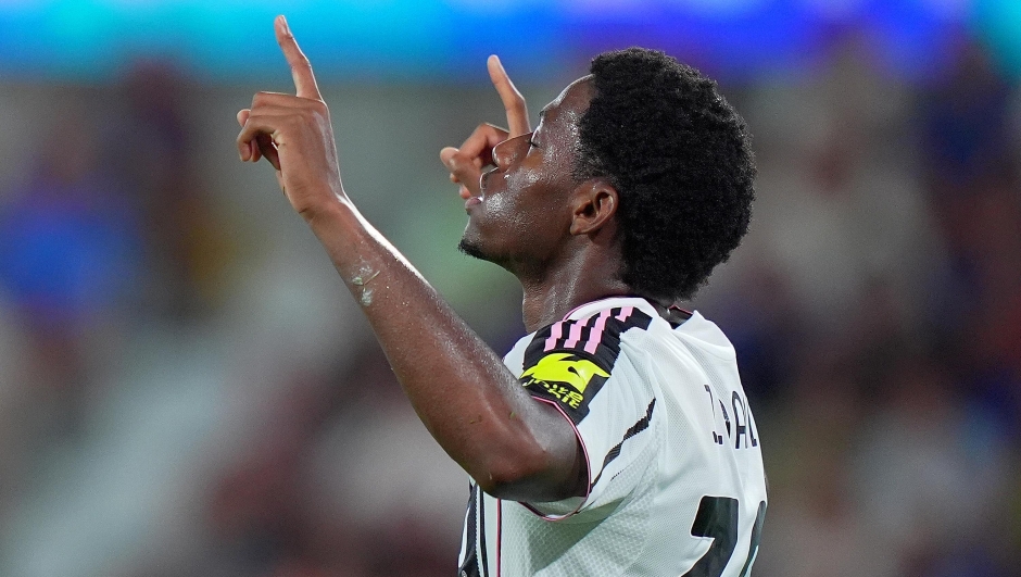 Juventus' Jonathan David celebrates after scoring 0-1 during the Bortolotti trophy, soccer match between Atalanta and Juventus at Gewiss Stadium in Bergamo , North Italy - Saturday , August 16 , 2025 . Sport - Soccer (Photo by Spada/LaPresse)