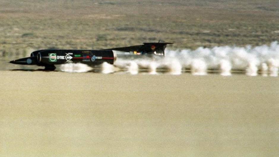 ThrustSSC, the British entry chasing the land speed record of 633mph, set by Richard Noble fourteen years ago, enters the measured mile on run number 48 September 20 in the Black Rock Desert near Gerlach, Nevada. ThrustSSC suffered a computer shutdown in the morning run and stopped completely inside the measured mile, but a computer software change led to a successful run with a 553mph average speed. - PBEAHUMPCAY