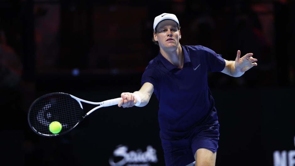 Jannik Sinner of Italy plays a forehand shot against Carlos Alcaraz of Spain (not pictured) during the Men's Single's Final on day three of the Six Kings Slam 2025 at ANB Arena on October 18, 2025 in Riyadh, Saudi Arabia. (Photo by Clive Brunskill/Getty Images)