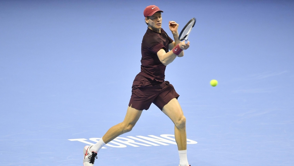  Jannik Sinner of Italy plays a forehand during the Menâ&#128;&#153;s Singles Group Stage match against Ben Shelton of United States  during day six of the Nitto ATP Finals 2025 at Inalpi Arena on November 14, 2025 in Turin, Italy.  (Photo by Valerio Pennicino/Getty Images)