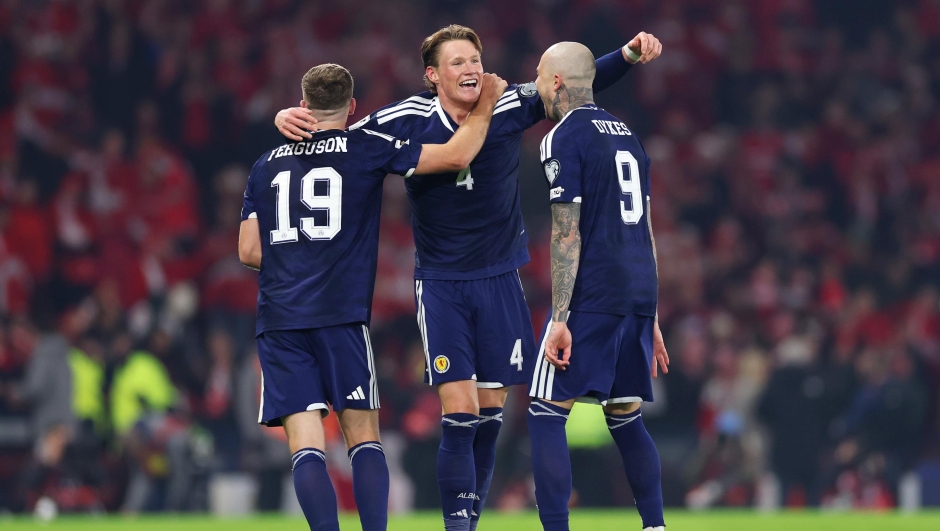  Scott McTominay of Scotland celebrates his team's fourth goal scored by Kenny McLean of Scotland (not pictured) during the FIFA World Cup 2026 qualifier match between Scotland and Denmark at Hampden Park on November 18, 2025 in Glasgow, Scotland. (Photo by Stu Forster/Getty Images)