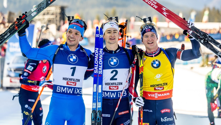 
Tommaso Giacomel (ITA), Eric Perrot (FRA), Johan-Olav Botn (NOR), (l-r) - IBU World Cup Biathlon, men pursuit race, Hochfilzen (AUT). www.biathlonworld.com © Yevenko/IBU. Handout picture by the International Biathlon Union. For editorial use only. Resale or distribution is prohibited.