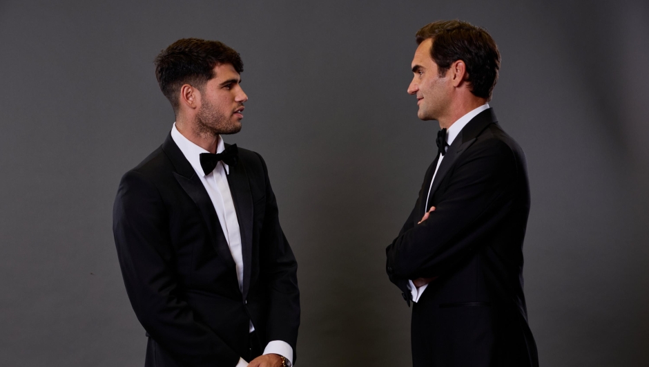  Carlos Alcaraz of Team Europe and Roger Federer speak in the photobooth during the Opening Night Gala of the Laver Cup 2024 at WECC on September 19, 2024 in Berlin, Germany. (Photo by Clive Brunskill/Getty Images for Laver Cup)
