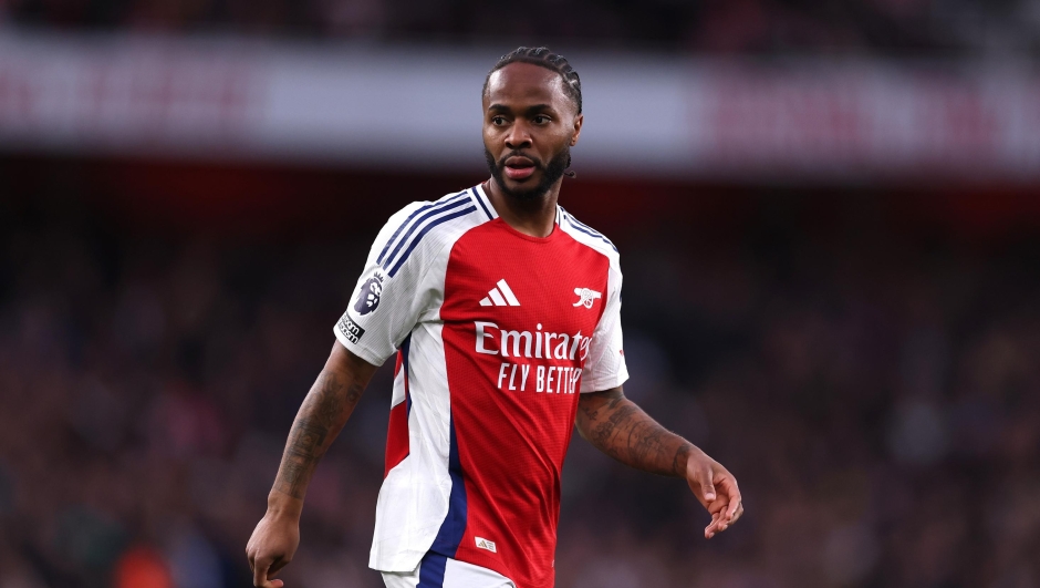  Raheem Sterling of Arsenal reacts during the Premier League match between Arsenal FC and Crystal Palace FC at Emirates Stadium on April 23, 2025 in London, England. (Photo by Ryan Pierse/Getty Images)