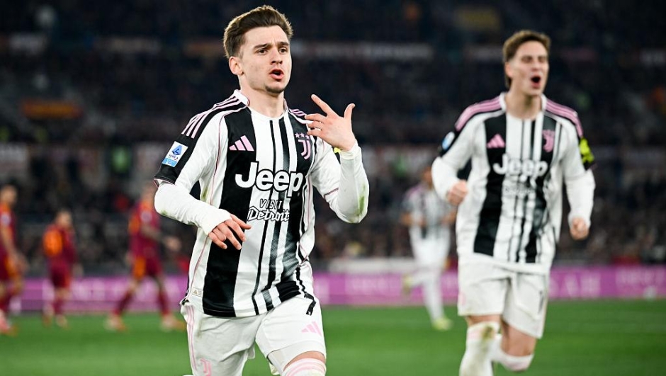  Francisco Conceicao of Juventus celebrates 1-1 goal during the Serie A match between AS Roma and Juventus FC at Stadio Olimpico on March 1, 2026 in Rome, Italy. (Photo by Daniele Badolato - Juventus FC/Juventus FC via Getty Images)