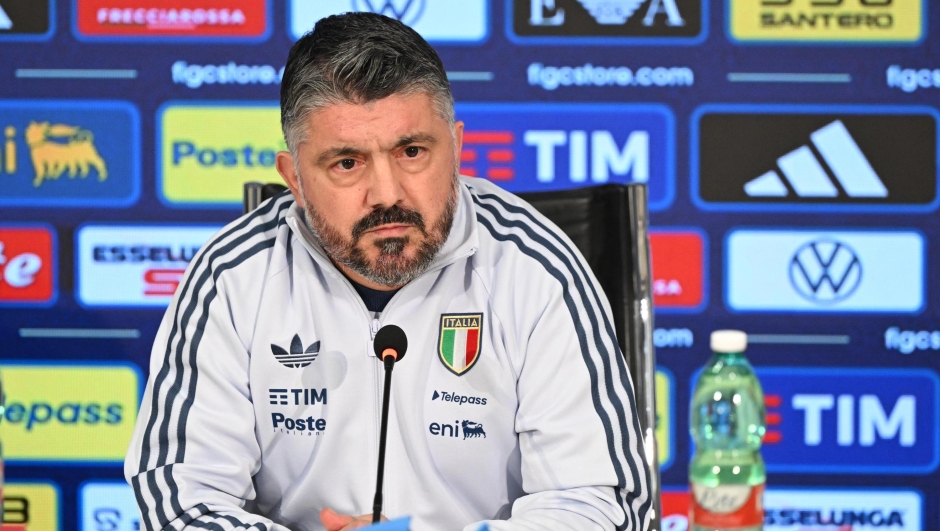 Gennaro Gattuso, ct della nazionale italiana di calcio durante la conferenza stampa al Centro tecnico federale di Coverciano in attesa della partita tra Italia e Irlanda del Nord per i playoff dei  Mondiali,  Firenze  Italia , 23 Marzo 2026.  ANSA/CLAUDIO GIOVANNINI