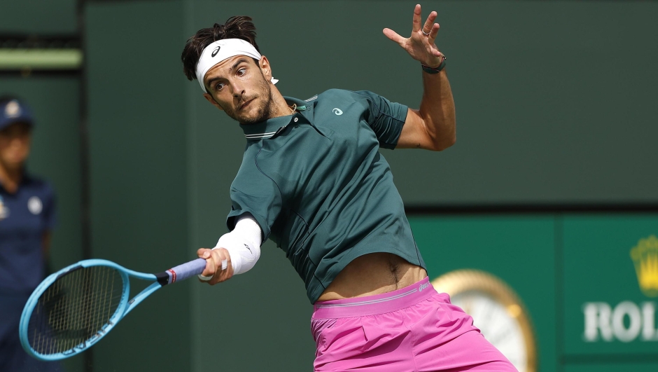 epa12800636 Lorenzo Musetti of Italy in action during his men's singles match against Marton Fucsovics Hungary on day 3 of the BNP Paribas Open tennis tournament in Indian Wells, California, USA, 06 March 2026.  EPA/JOHN G. MABANGLO