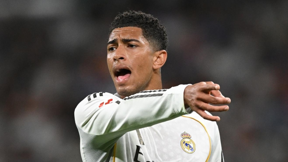  Jude Bellingham of Real Madrid reacts during the LaLiga EA Sports match between Real Madrid CF and Girona FC at Estadio Santiago Bernabeu on April 10, 2026 in Madrid, Spain. (Photo by Denis Doyle/Getty Images)