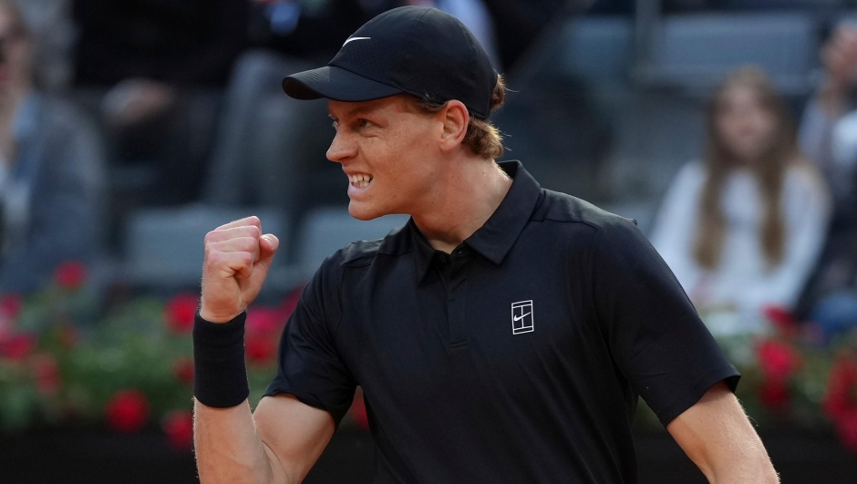 Italy's Jannik Sinner celebrates a winning point as he plays against Daniil Medvedev of Russia during their semifinal match at the Italian Open tennis tournament in Rome, Friday, May 15, 2026. (AP Photo/Andrew Medichini))