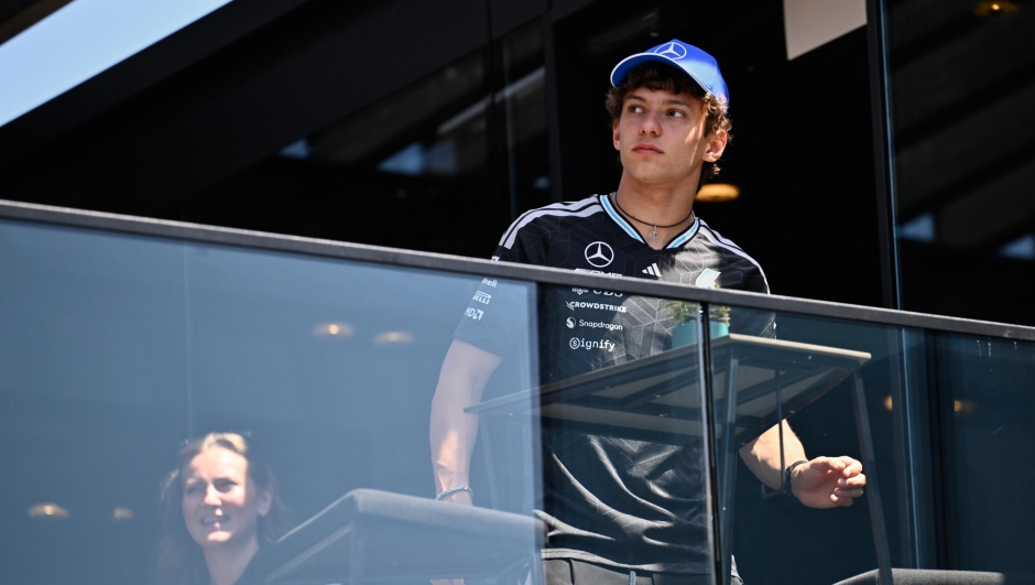 Mercedes driver Andrea Kimi Antonelli of Italy looks from a balcony before the Austrian F1 Grand Prix, in Spielberg, Austria, Thursday, June 25, 2026. (AP Photo/Denes Erdos)