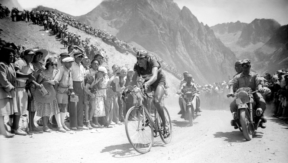 Italian rider Fausto Coppi climbs the Tourmalet mountain pass during the eleventh stage of the 1949 Tour de France between Pau and Luchon, on July 12, 1949. Italian rider Fausto Coppi won the 1949 Tour de France.